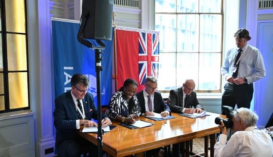 Rear Admiral Iain Lower of Trinity House (left) and Commodore Mike Bullock (right) of the Northern Lighthouse Board during the signing of a Memorandum of Understanding about the future of aids to navigation. Image: Trinity House
Image:Rear Admiral Iain Lower of Trinity House (left) and Commodore Mike Bullock (right) of the Northern Lighthouse Board during the signing of a Memorandum of Understanding about the future of aids to navigation. Image: Trinity House