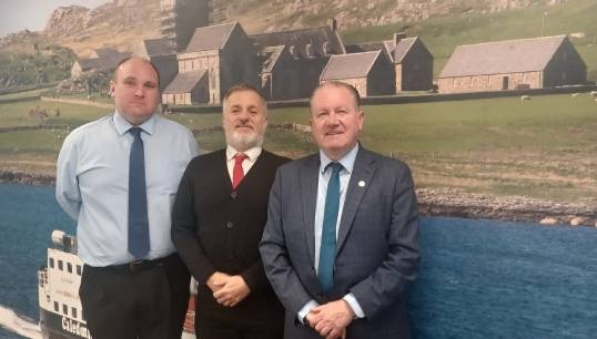 Image:L-R: Liaison officers James Christie and Gary Calderwood with Nautilus head of industrial Micky Symth at the pay at conditions negotiations. Image: Nautilus International