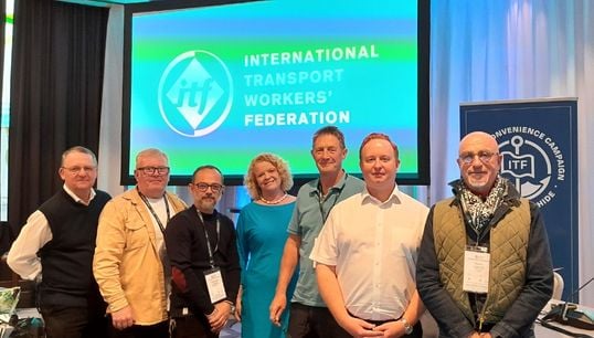 Image:Nautilus senior officials, and Nautilus Federation affiliate and other union representatives at the ITF FPC meeting in Rotterdam in May 2026: L-R Mark Dickinson (vice chair of the ITF Seafarers’ Section); Darren Procter (RMT); Emmanuel Chalard (CGT); Sascha Meijer (general secretary, Nautilus International); Marcel van den Broek (the FPC member for Nautilus NL); Danny McGowan (the FPC member for Nautilus UK);and Thierry LeGuevel, (CFDT - an affiliate of Nautilus Federation). Image: Nautilus International