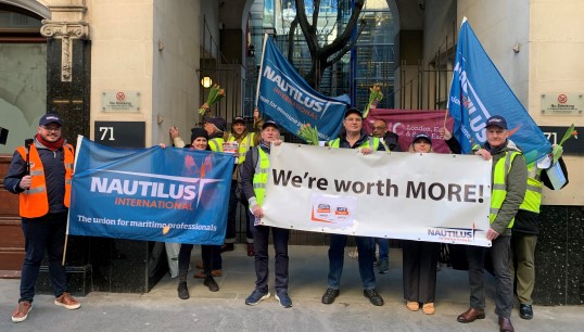 Image:Protesters outside Lloyd's Register headquarters in London in 2024. The company was forced to recognise the union following a successful campaign by members. Images: Nautilus International